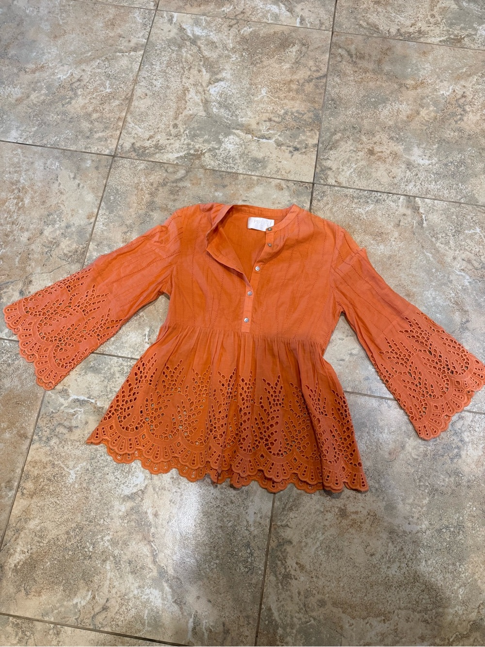 TOWNSEN Orange Eyelet Peplum Blouse with Bell Sleeves